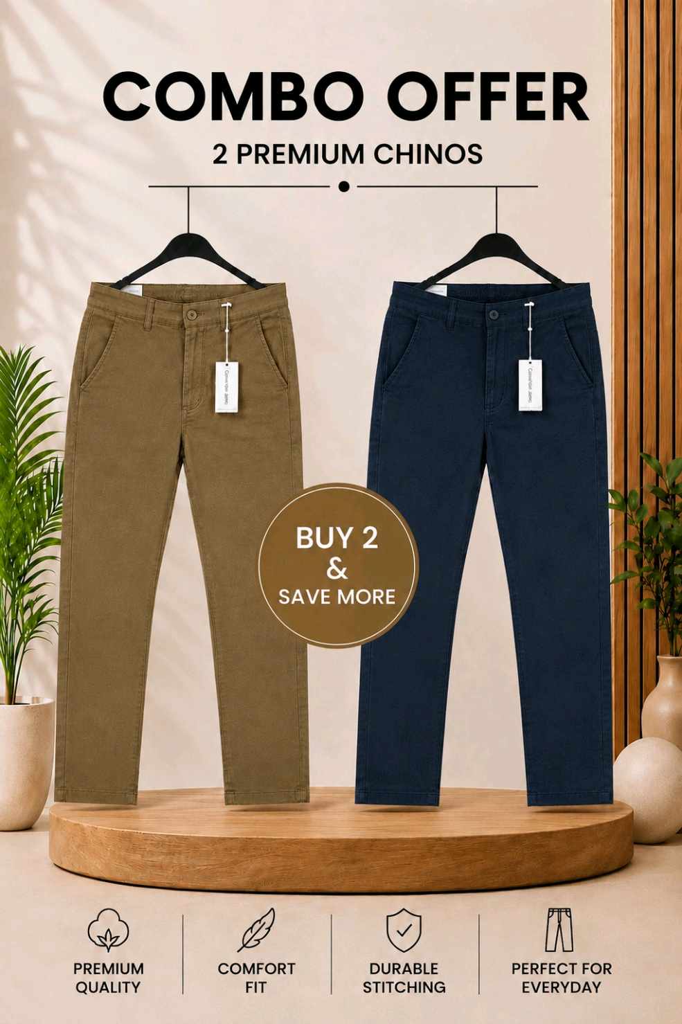 *Combo Offer* Premium Export Gabardine Pant(Camel Brown+Dark Navy Blue)